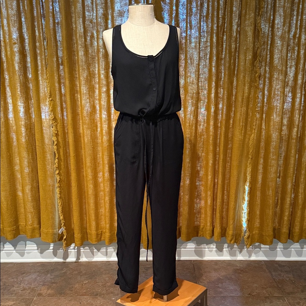 LOFT Black Sleeveless Button-Front Jumpsuit - Picture 1 of 6